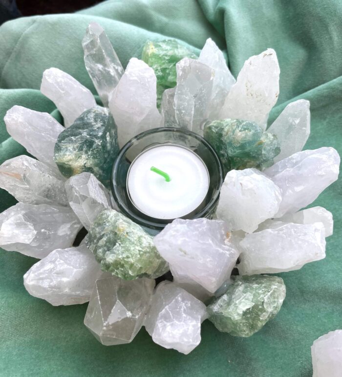 Teelicht Bergkristall und Fluorit grün - leuchtende Kristalle 7 SanjaNatur® - Edelsteine & Coaching