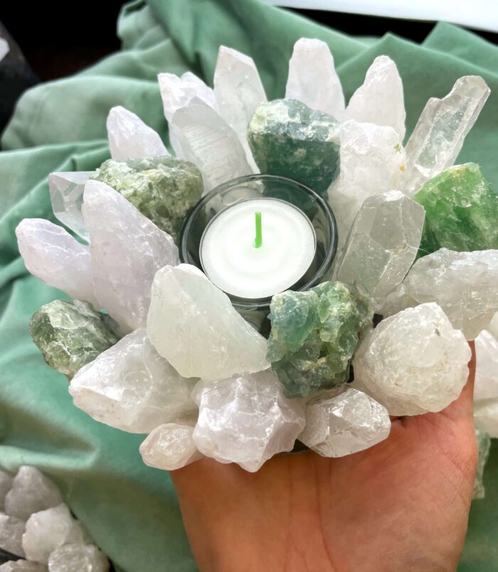 Teelicht Bergkristall und Fluorit grün - leuchtende Kristalle 3 SanjaNatur® - Edelsteine & Coaching