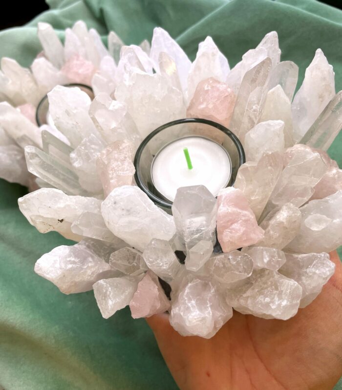 Teelicht Bergkristall und Rosenquarz - leuchtende Kristalle 4 SanjaNatur® - Edelsteine & Coaching
